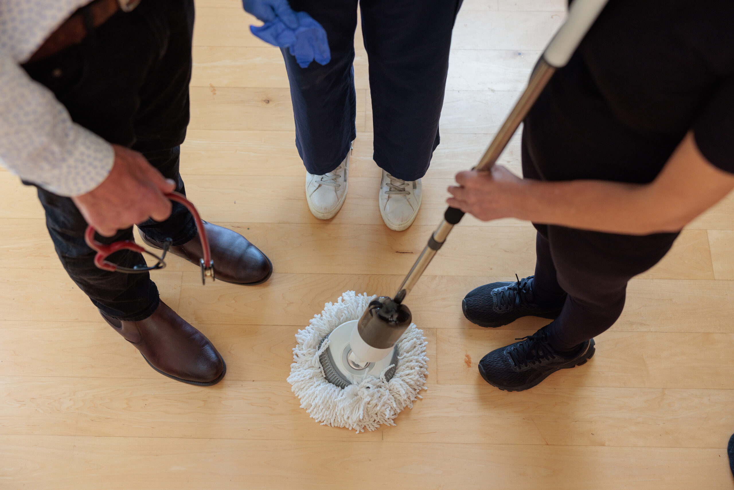 Mop, gloves and stethoscope
